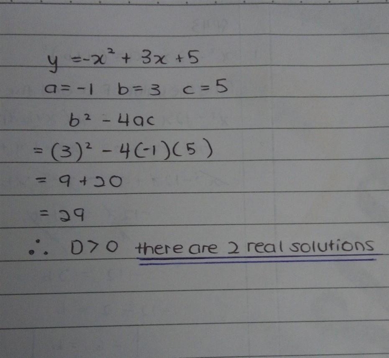 Use the discriminant to determine the number of solutions for the quadratic equation-example-1