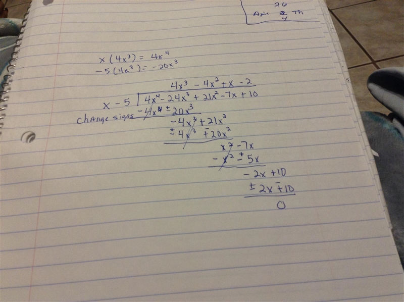 Divide 4x^4 - 24x^3 + 21x^2 -7x + 10 / x-5-example-1