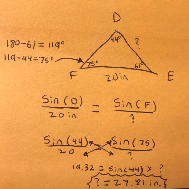 In triangle DEF, M angle D equals 44°, M angle E equals 61°, and EF equal 20 Inches-example-1