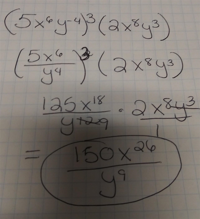 Simplify: (5x^6y^-4)^3(2x^8y^3)-example-1