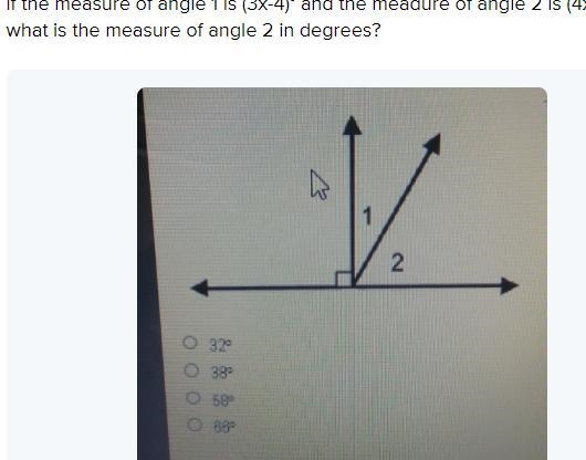 If the measure of angle 1 is (3x-4)and angle 2 is(4x-10) what is the measure of angle-example-1