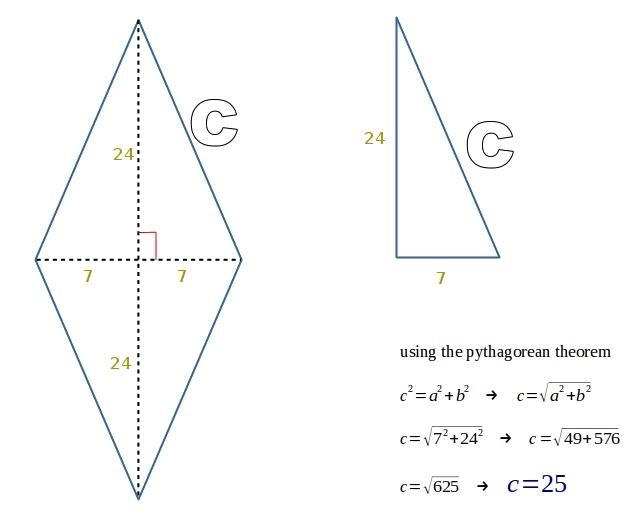 The diagonals of a rhombus are 14 and 48cm. Find the length of a side of the rhombus-example-1