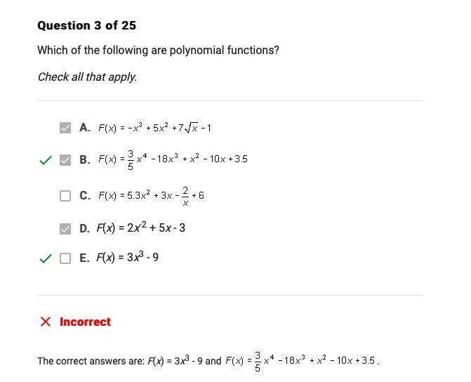 Which of the following are polynomial functions? Check all that apply.-example-1