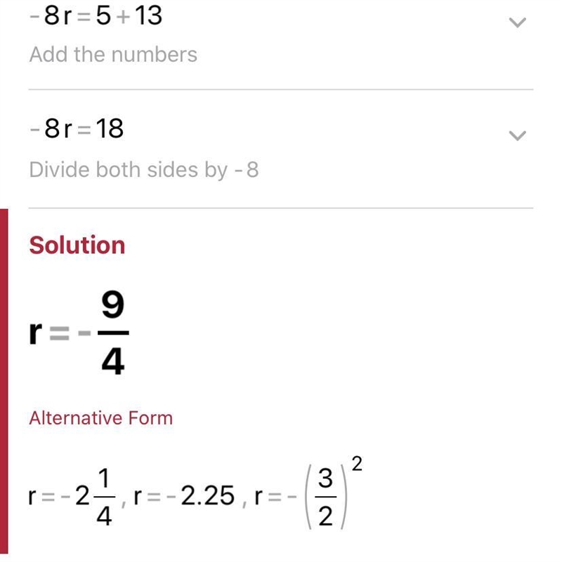 Solve for r. -13 = 5 +8 r =​-example-1