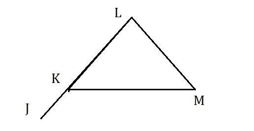 Triangle K M L is shown. Line L K extends through point J to form exterior angle J-example-1