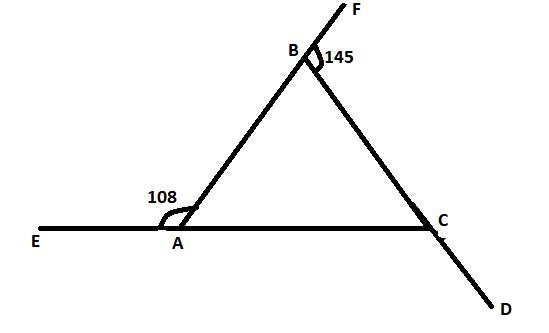 Triangle A B C with exterior angles is shown. Side C A is extended to point E, side-example-1