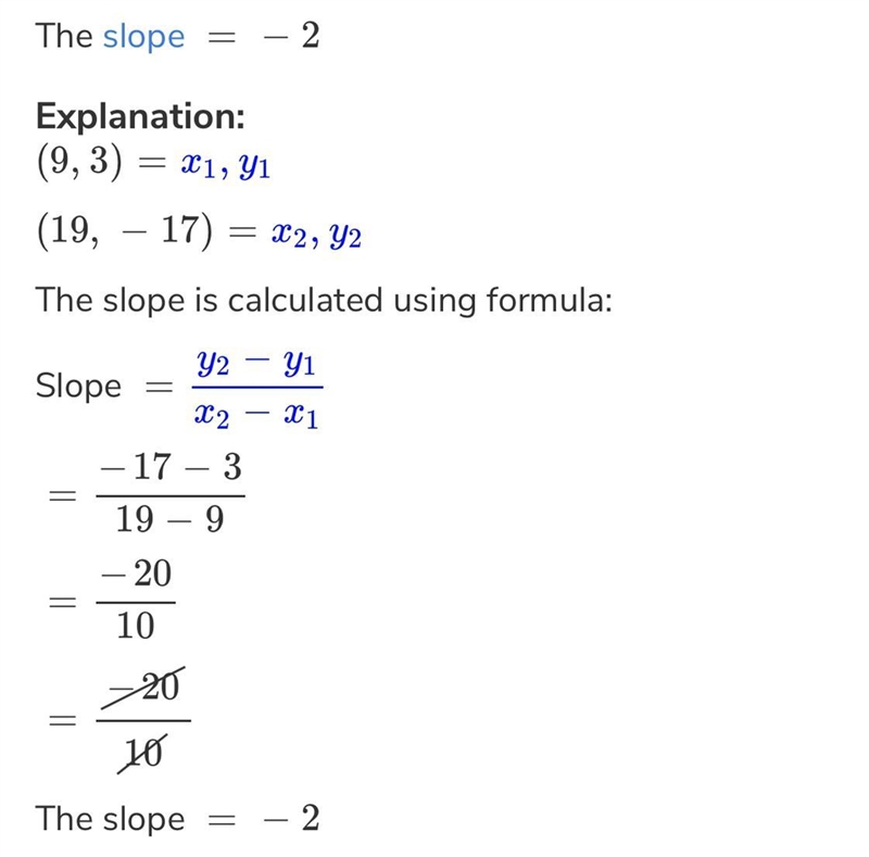 The slope of (9,3), (19,-17) Please can someone answer fast this is due in 5 minutes-example-1