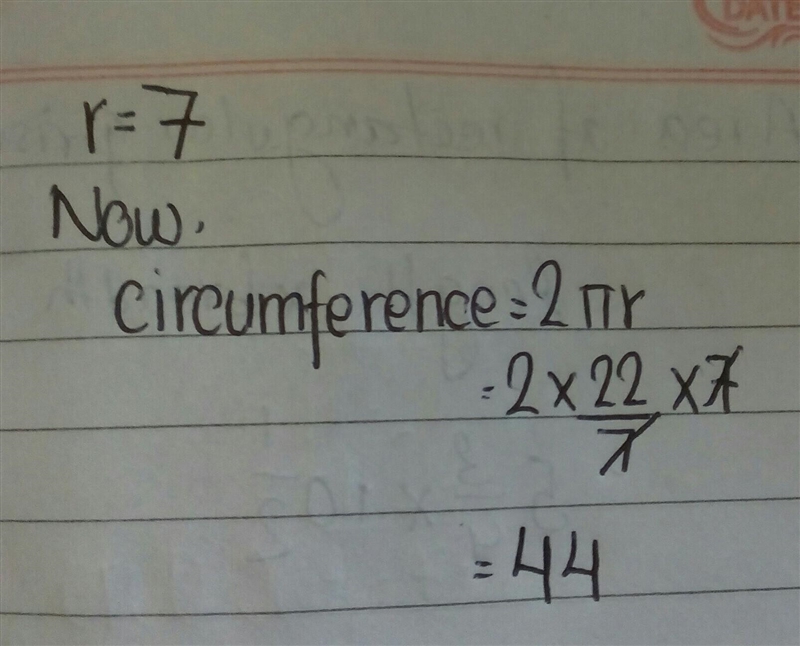 What is the circumference of this circle given a radius of 7 in.? r = 7 in. Use 3.14 for-example-1