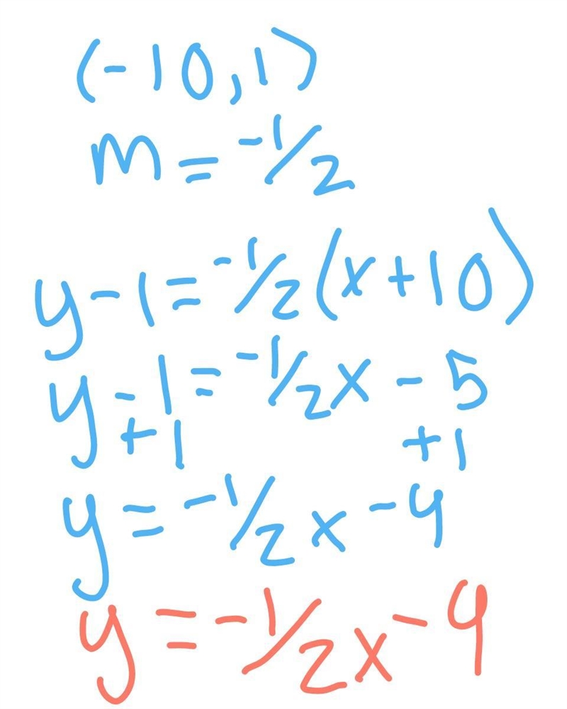 A line that passes through (-10,1) and has a slope of -1/2 please write in slope intercept-example-1