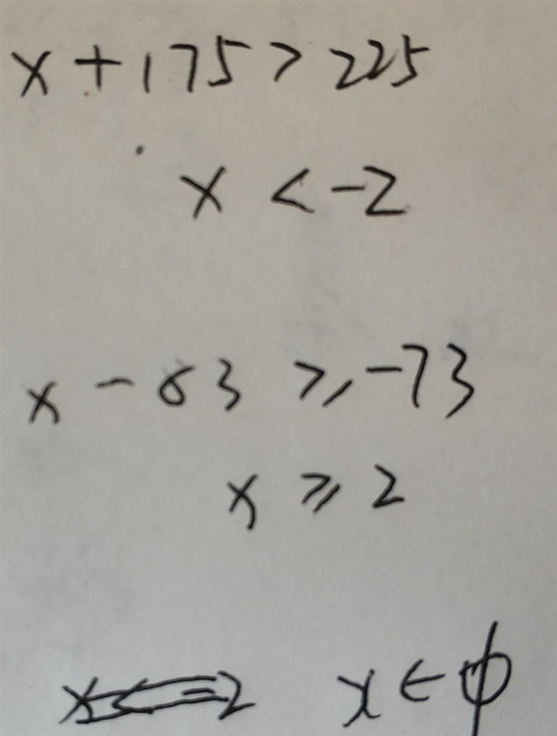 Solve for x. -25x+175> 225 AND 5x−83 ≥−73-example-1