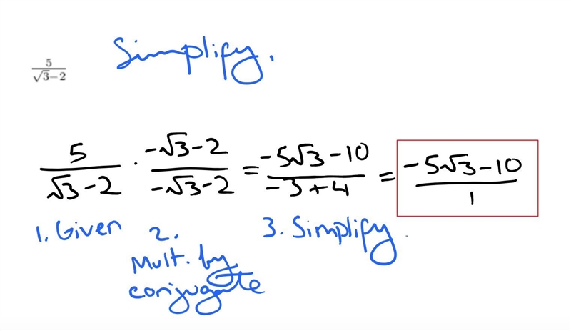 Simplify the expression. (5)/(√(3)-2 )-example-1