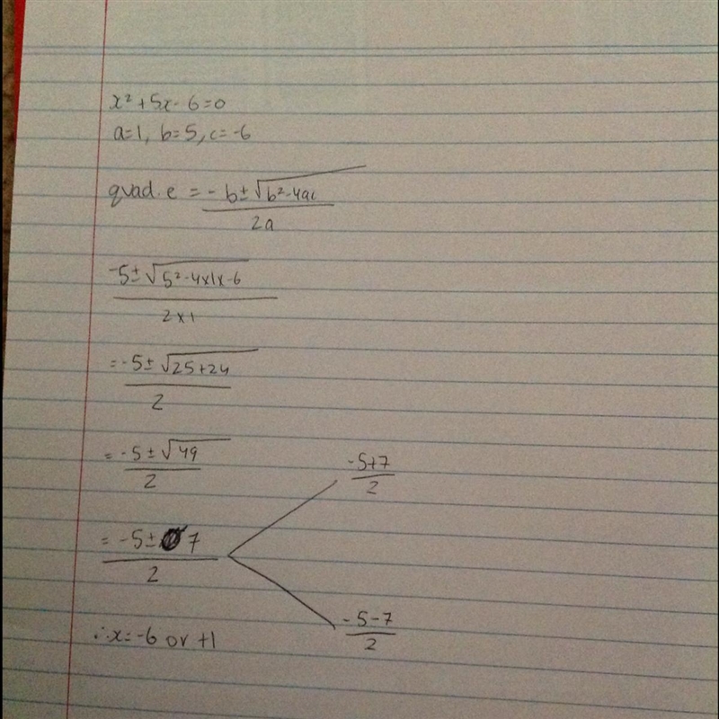 K² + 5k – 6=0 I need the enswer by using quadratic formula​-example-1