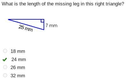 The hypotenuse of a right triangle is 26 mm. One leg of the right triangle is 10 mm-example-1