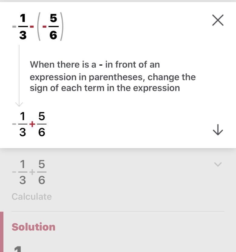 How do you solve -1/3 - (-5/6)= all the steps? I have a little bit of trouble with-example-1