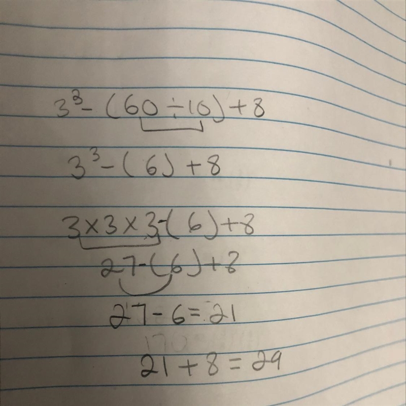 Use order of operation 3³ - (60 ÷ 10) + 8-example-1