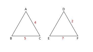 What is the similarity ratio of ΔABC to ΔDEF? Tri ABC: AC=4 CB=5 Tri DEF: DF= 2-example-1