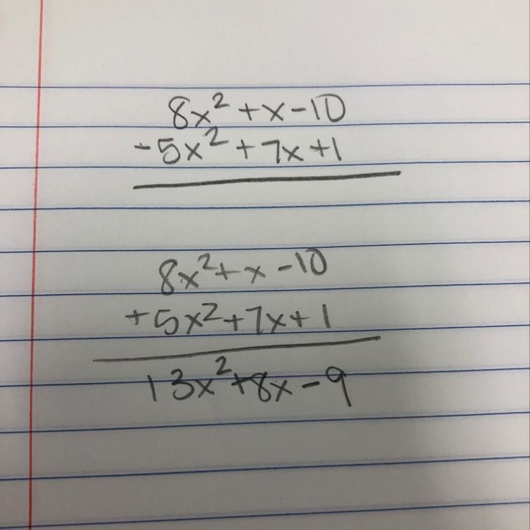 Subtract -5x^2+7x+1 from 8x^2+x-10-example-1