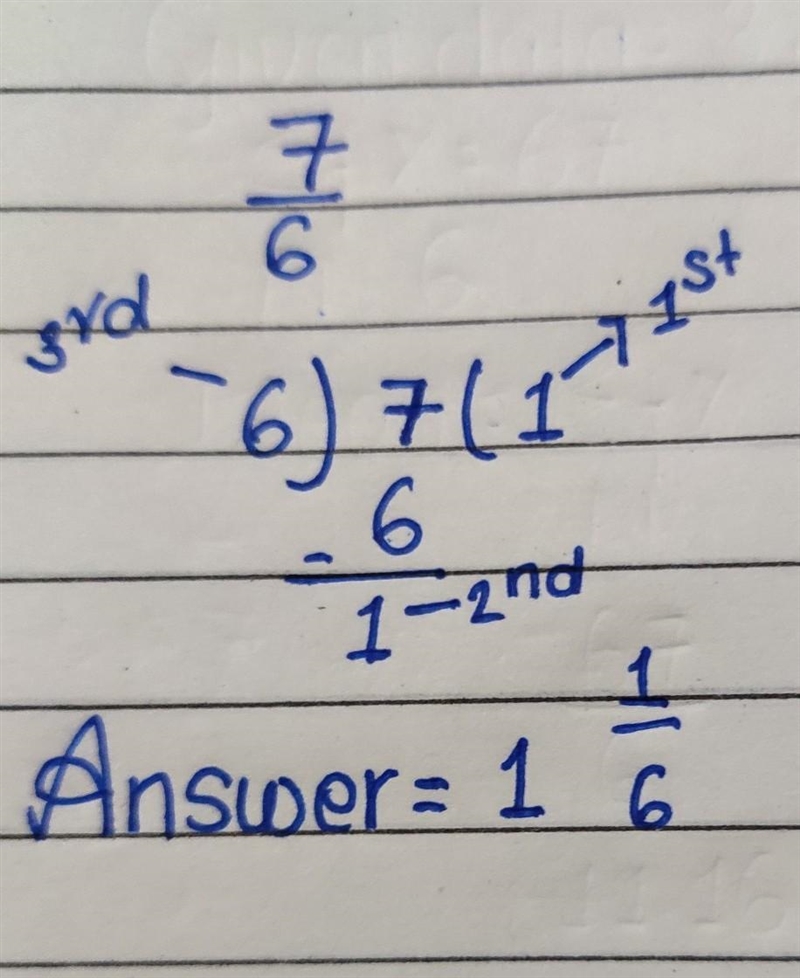 Rewrite the improper fraction 7/6 as a mixed fraction-example-1