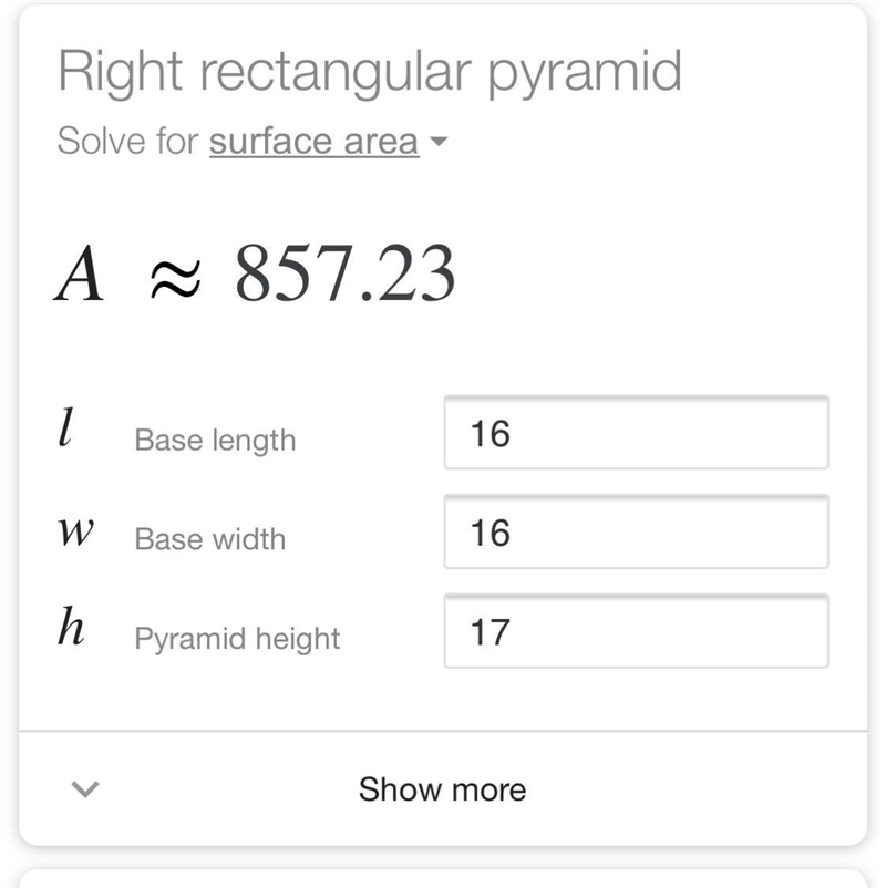 What is the surface area for this rectangular pyramid 16in 16in 17in-example-1