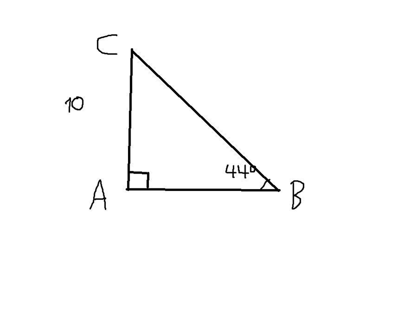 In right triangle ABC, ∠A is a right angle, m∠B= 44∘ and AC=10. What is the measurement-example-1