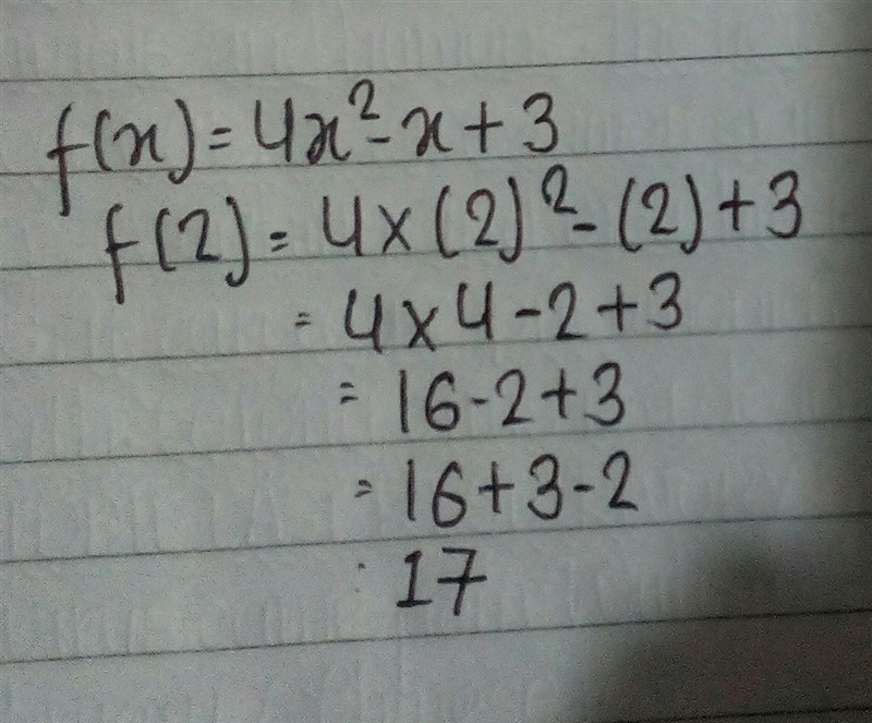 If f(x)=4x2-x+3, then what is the value of f(2)?-example-1