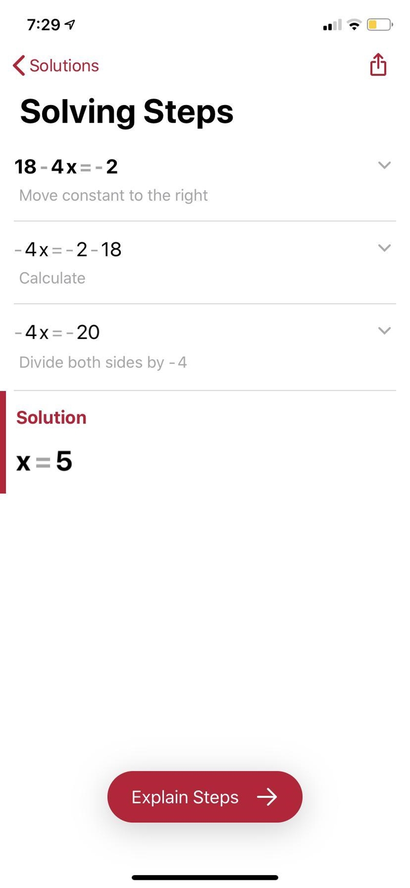 18-4x=-2 two step equations-example-1