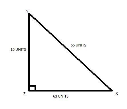 In ΔXYZ, the measure of ∠Z=90°, XZ = 63, ZY = 16, and YX = 65. What ratio represents-example-1