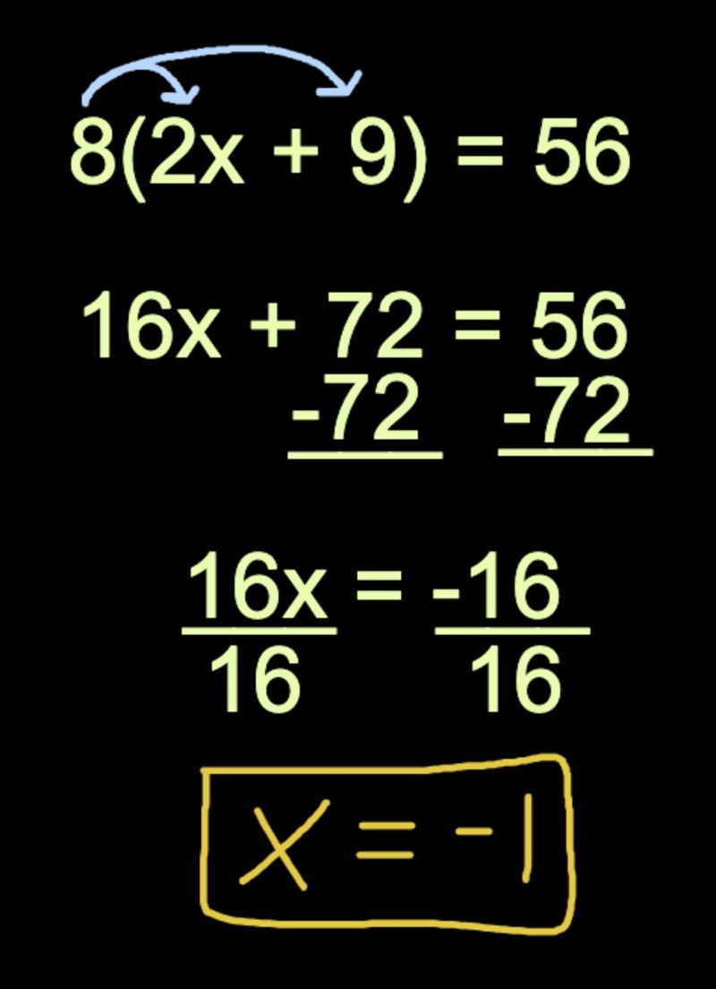 What is the answer for the equation 8(2x+9)=56-example-1