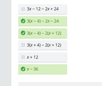 Which three expressions are equivalent to the expression 3x − 12 − 2(x + 12)?-example-1