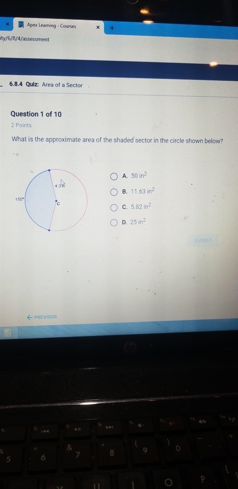 What is the approximate area of the shaded sector in the circle shown below? O A. 25 in-example-1