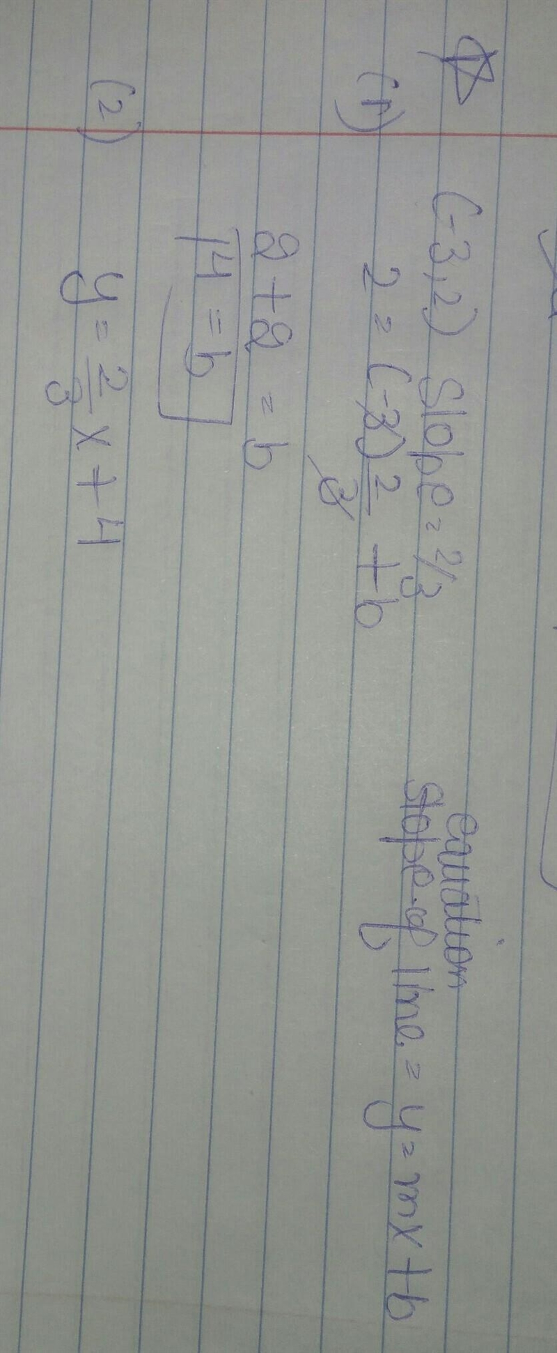 A line on a graph that passes through the point (-3,2) has a slope of 2/3. 1.) What-example-1