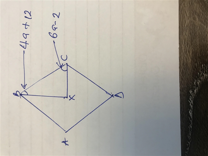 In rhombus ABCD, m∠XCB = 6a − 2 and m∠XBC = 4a + 12. What is the measure of ∠XCB?-example-1