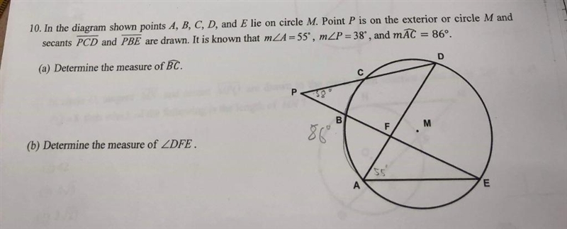 In the diagram shown points A, B, C, D, and E lie on circle M. Point P is on the exterior-example-1