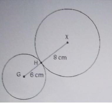 Circles G and X are connected at point H. The length of G H is 6 centimeters and the-example-1