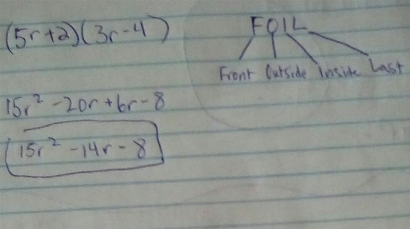 What is the product? (5 r + 2)(3 r minus 4) 15 r squared + 8 15 r squared minus 8 15 r-example-1