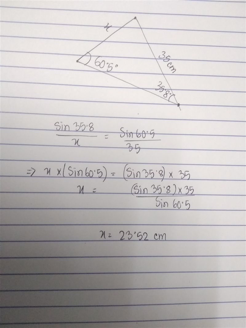 1. Find the length of the missing side: 35cm 60.5°​-example-1