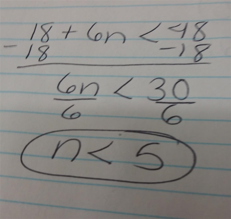 What is the answer to this problem 6(3+n)<48-example-1