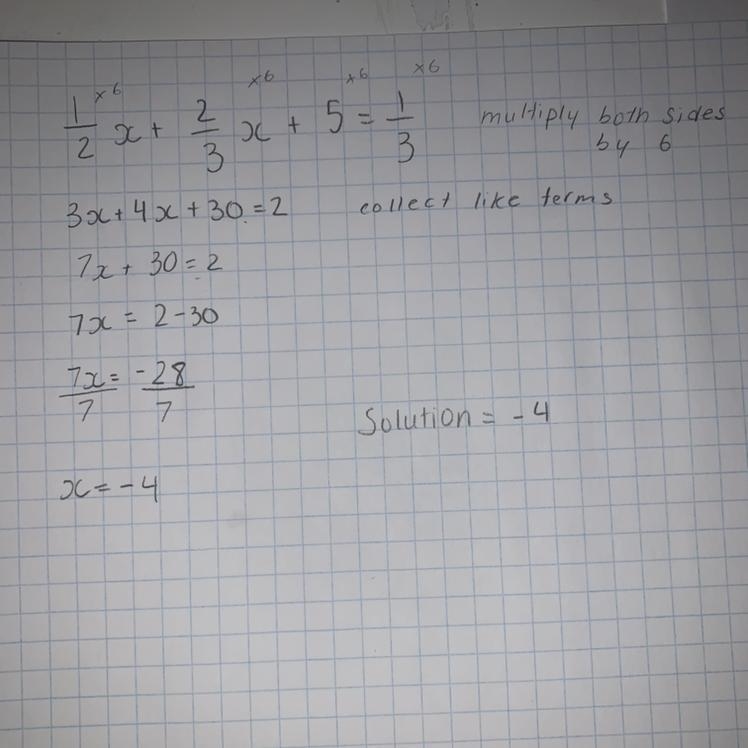 1/2x + 2/3x + 5 = 1/3 what is x please show your work-example-1