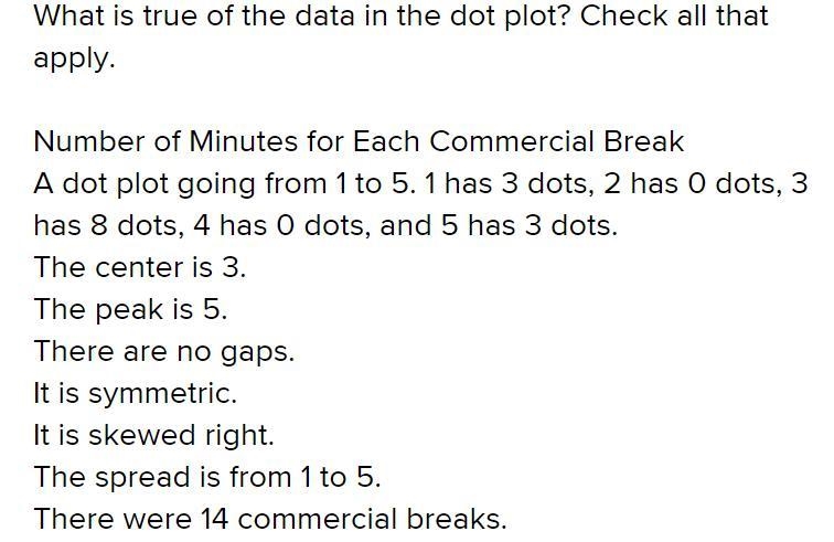 Need help plz What is true of the data in the dot plot? Check all that apply. Number-example-1