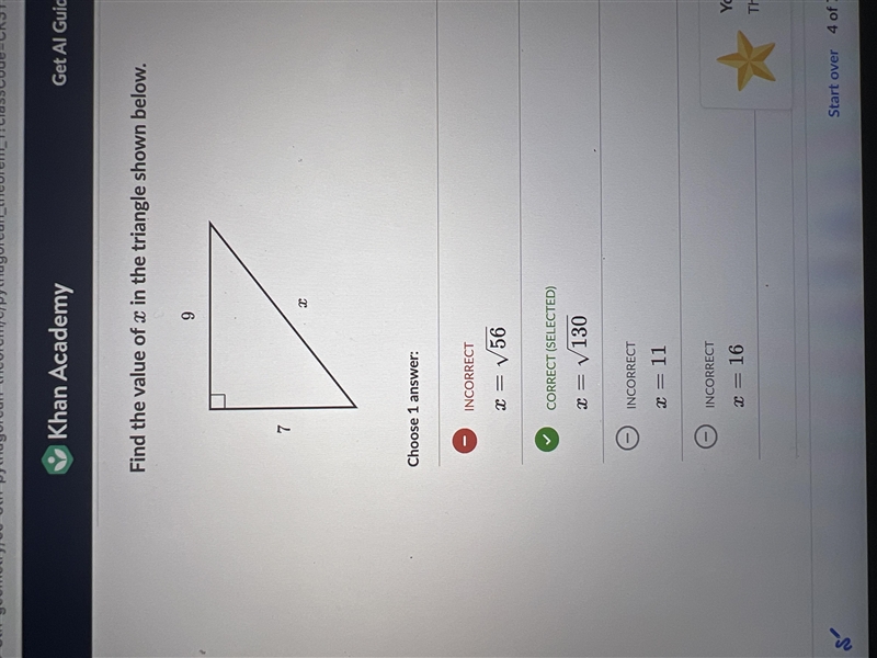 Find the value of in the triangle shown below 9, 7, and x around the triangle-example-1