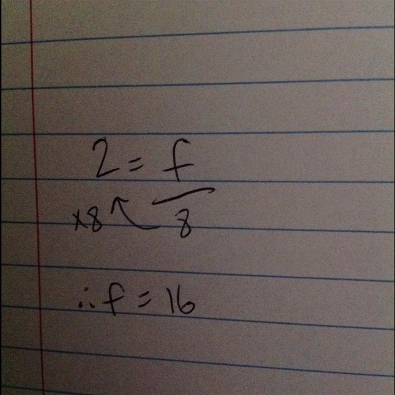 Solve the equation. 2=f/8 What does F equal?-example-1