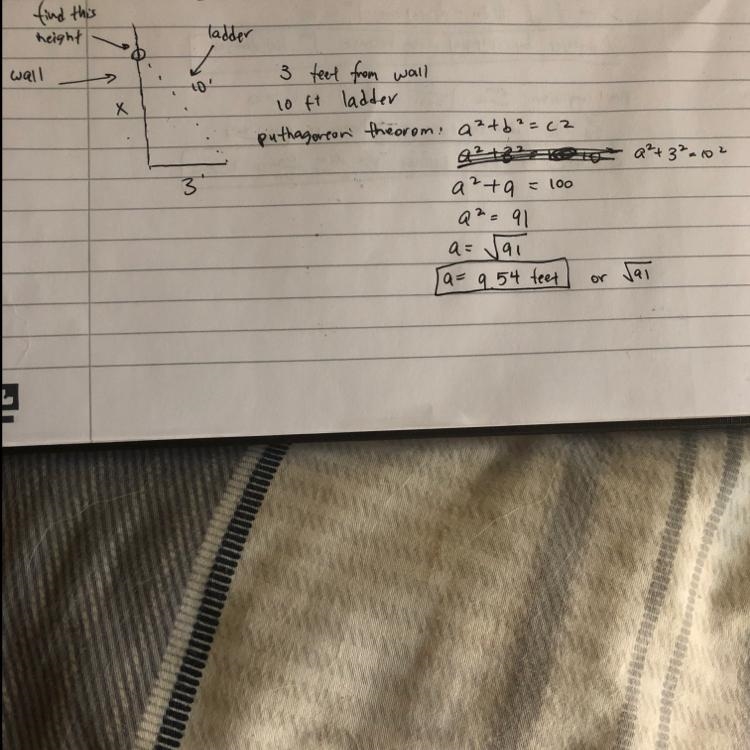 A 10' ladder is leaning against a wall. If the foot of the ladder is 3' from the wall-example-1