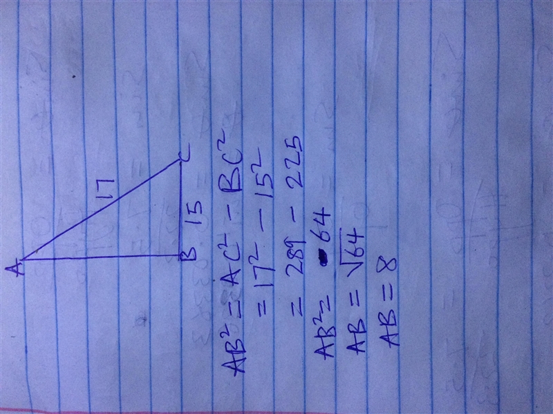 The hypotenuse of a right triangle has length 17 and one of the legs has length 15. Find-example-1