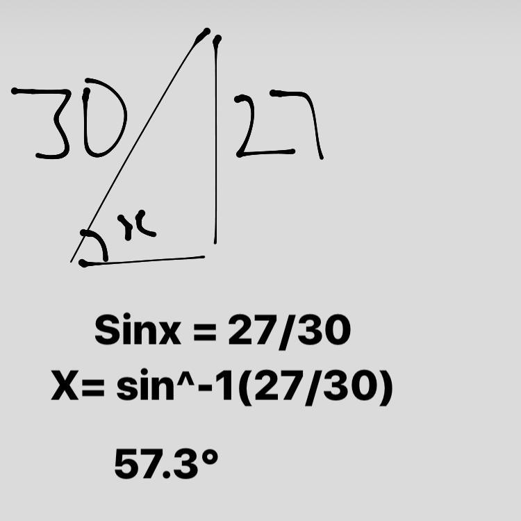 A ladder is 30ft long needs to reach 27ft up a building. What should the angle off-example-1