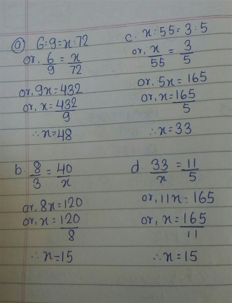 Find the value of x in each of the following proportions. a. 6 : 9 = x : 72 b. 8⁄3 = 40⁄x-example-1