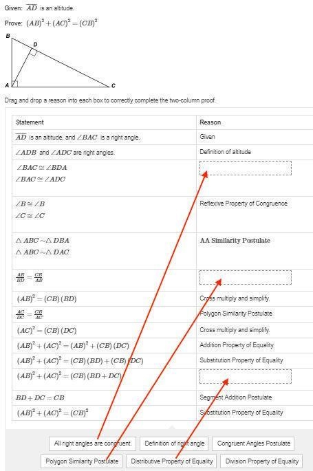 Please help!! AD¯¯¯¯¯ is an altitude, and ∠BAC ​ is a right angle. --> given ∠ADB-example-1