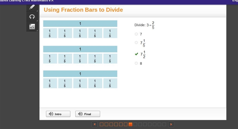 Using Fraction Bars to Divide 3 fraction bars. Each bar is labeled 1 with 5 boxes-example-1