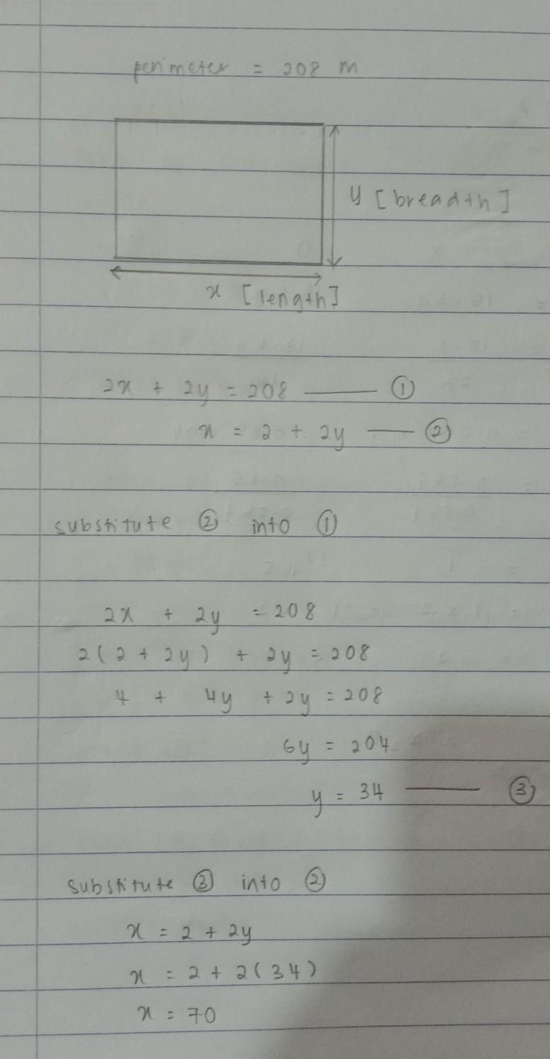 The perimeter of a rectangular park is 208 m. Its length is 2m more than twice its-example-1