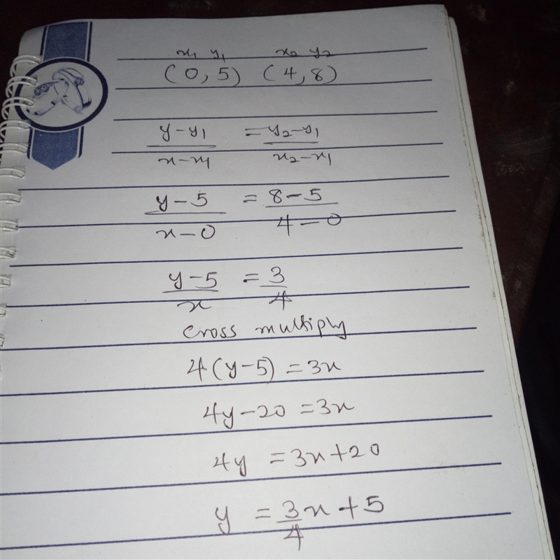 What is the equation of a line that passes through the points (0,5) and (4,8)? Write-example-1