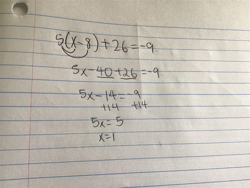 What value of x makes the equation below true 5(x − 8) + 26 = −9?-example-1